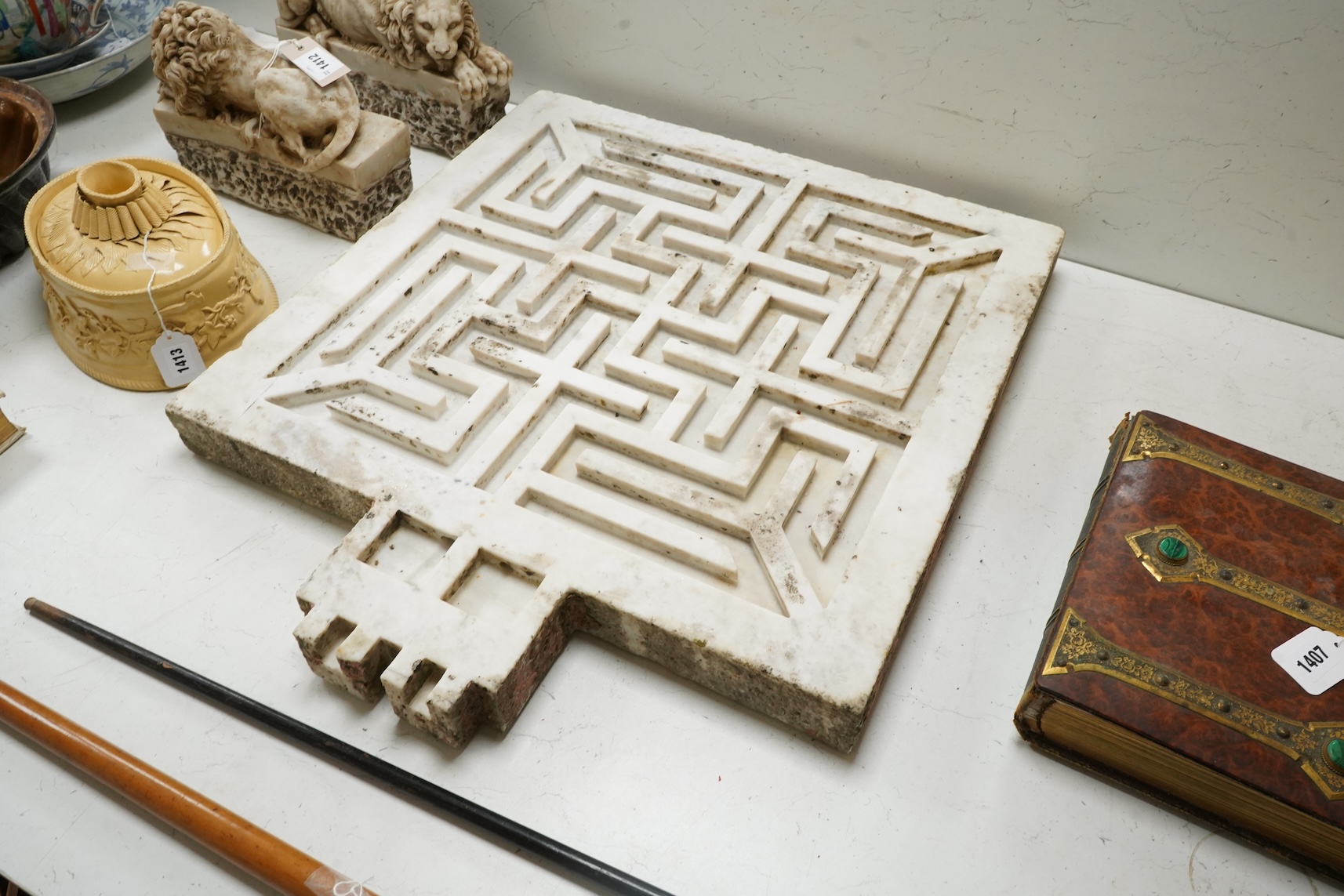An 18th century Indian white marble rain catcher water maze or labyrinth, 72cm x 61cm